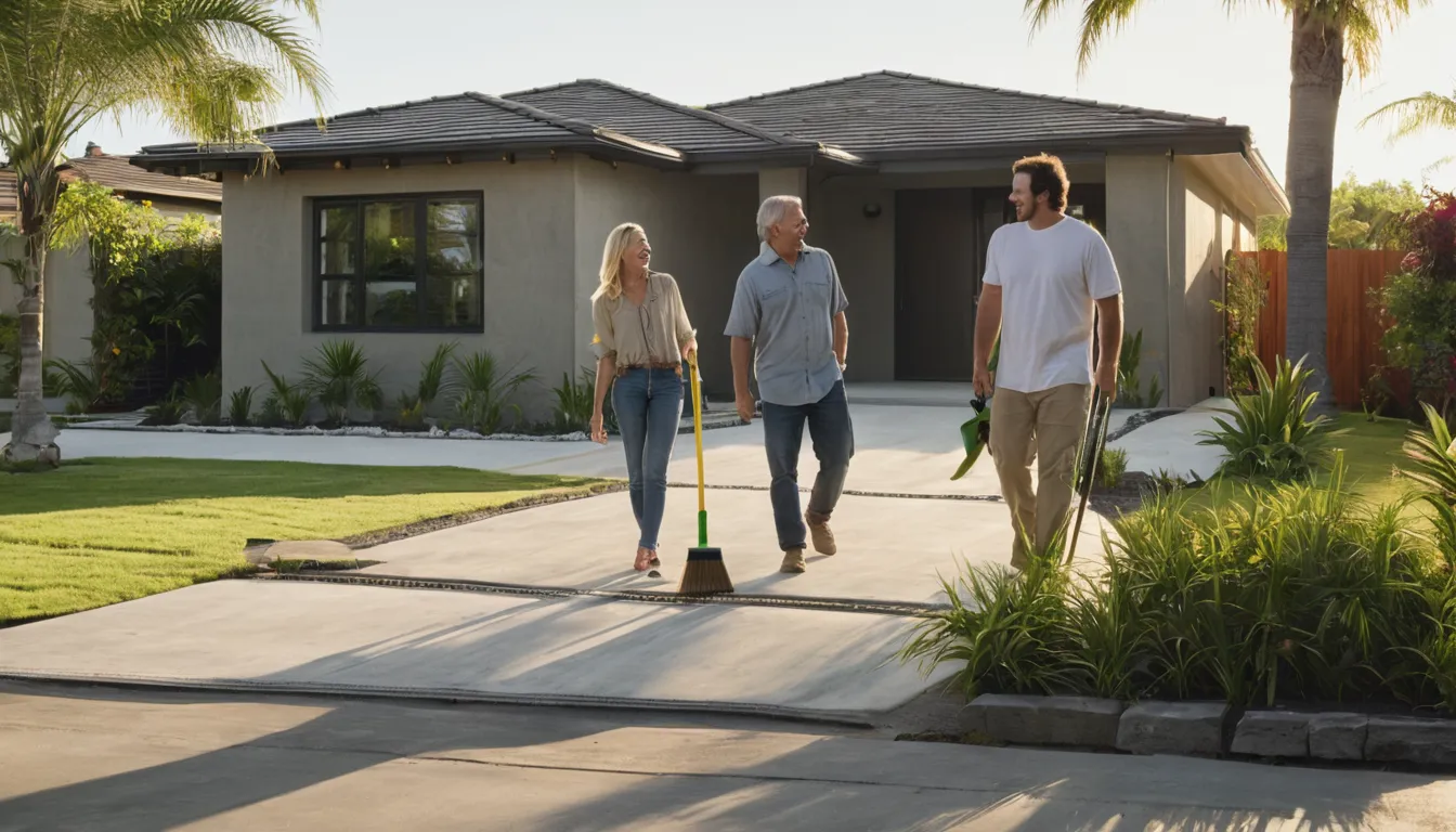 Freshly poured concrete driveway with a broom finish in front of a single-story block home in the Temple Terrace area